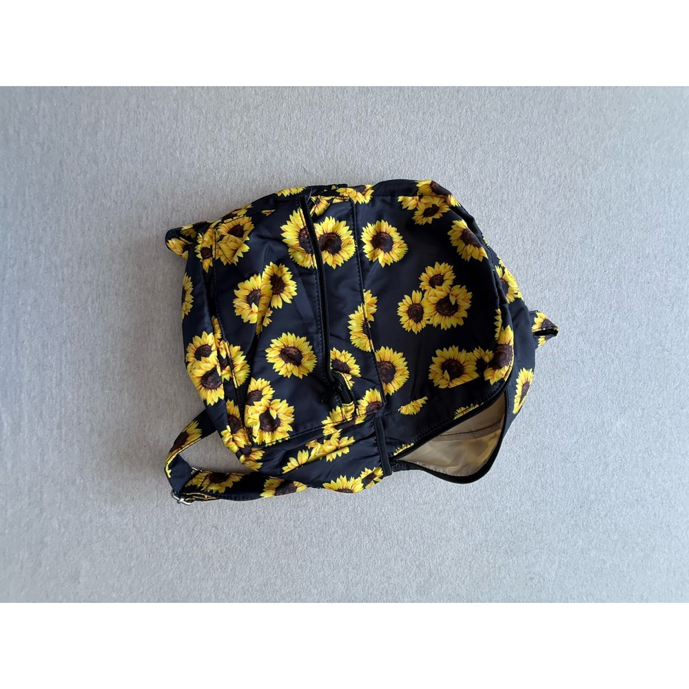 Sunflower Print Nylon Mini Backpack Black Yellow Floral Daypack Zippered Bag